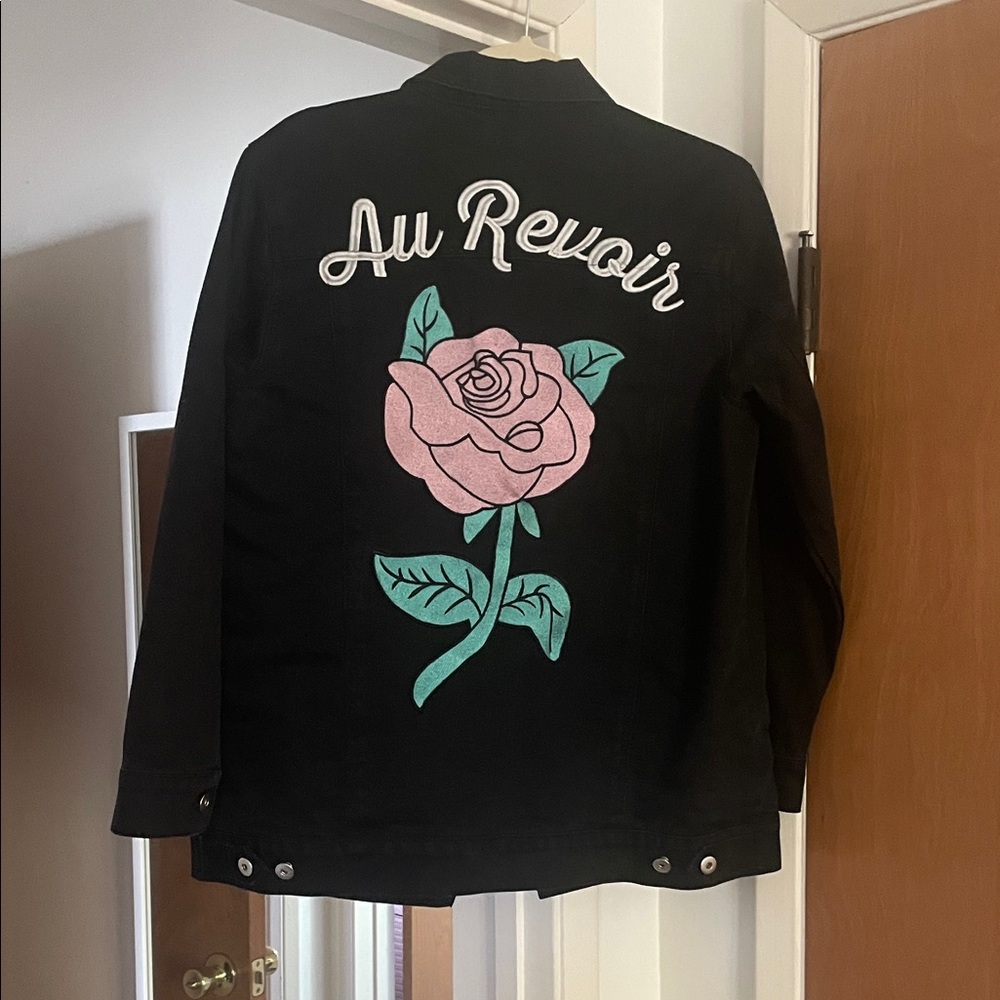 Valfre Black jean Jacket with Au Revoir Rose Design